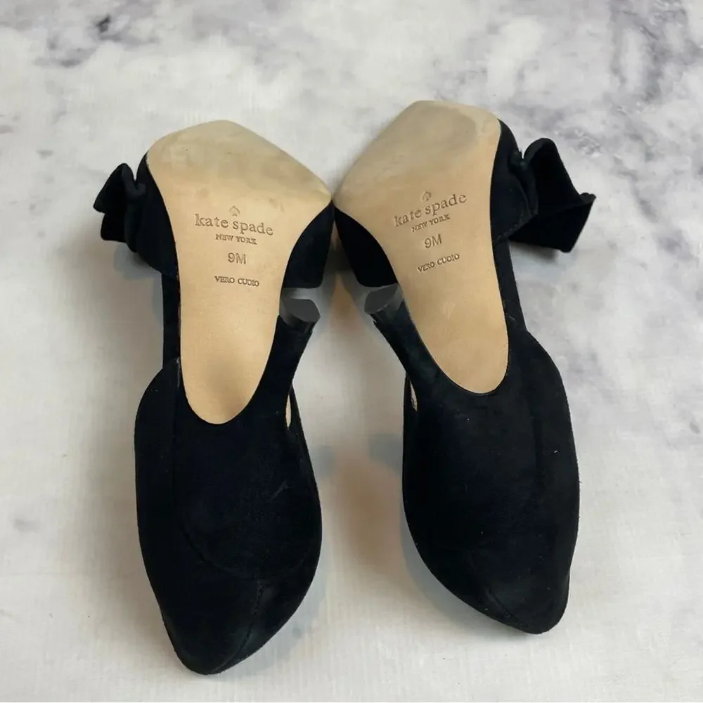 Kate Spade Shayna D’Orsay Ruffle Pumps Black Suede Pointed Toe Heels Sz 9